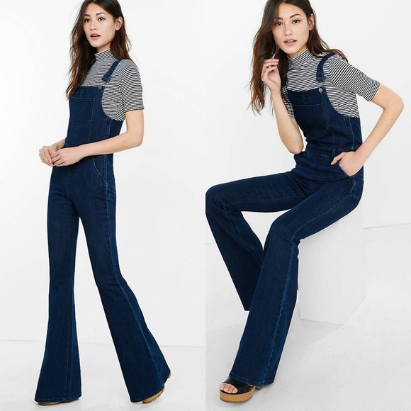 Express Overall Flare Jeans Women's 0 Retro 70s Stretchy Casual‎ Flattering - Picture 1 of 13